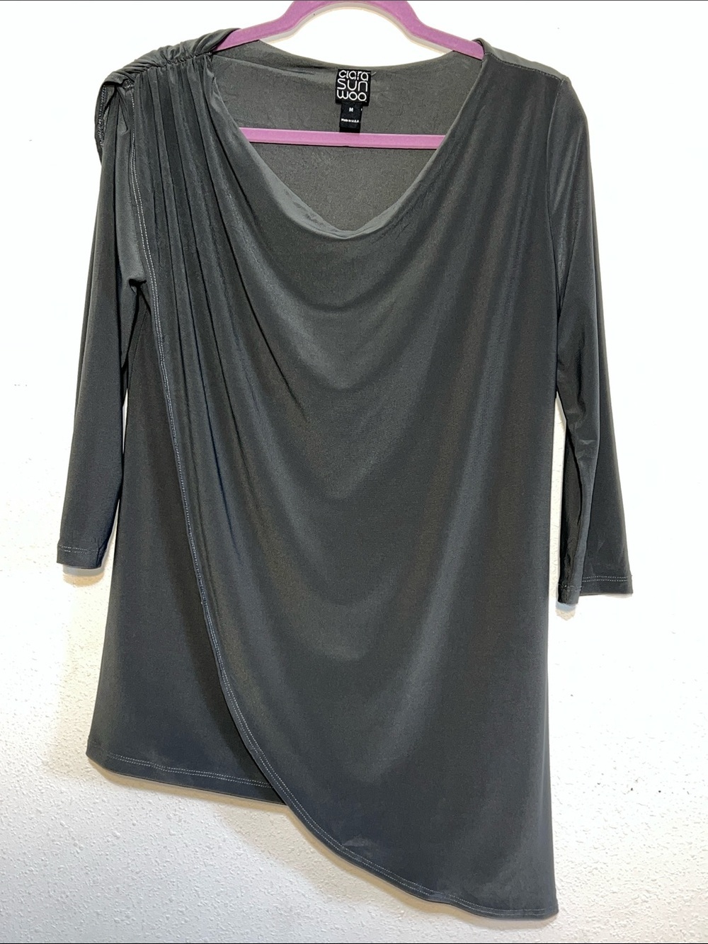 Clara Sun Woo Elegant Draped V-Neck Tunic Top - Black size Medium